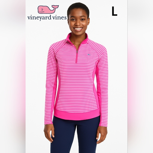 Vineyard Vines Tops - Vineyard Vines Women’s Pink Striped Quarter-Zip Pullover Size L